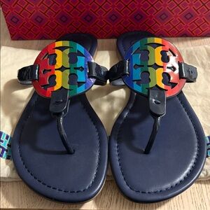 Tory Burch Miller Royal Navy/Rainbow Thongs Sandals Size 7.5 NO BOX